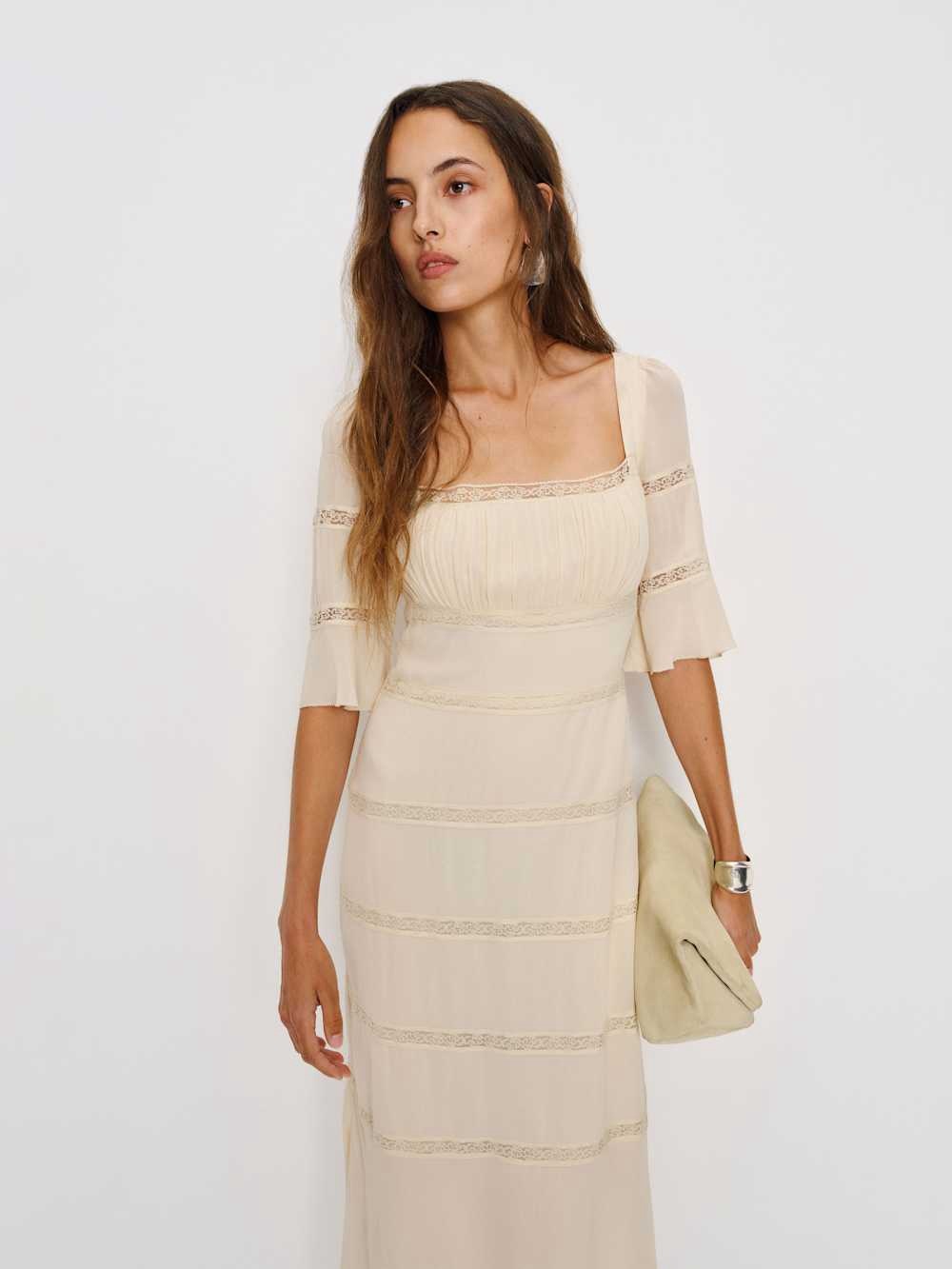 new Reformation Laverna lace inset mid bell sleeve midi dress in cream - Picture 4 of 11